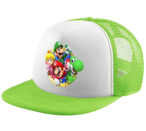 Super mario and Friends — Adult Soft Trucker Hat with Mesh GREEN/WHITE (POLYESTER, ADULT, ONE SIZE)