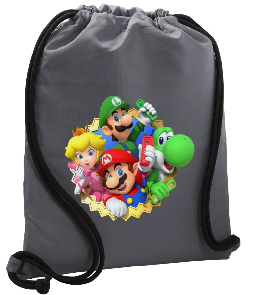 Super mario and Friends — Τσάντα πλάτης πουγκί GYMBAG ΓΚΡΙ, με τσέπη (40x48cm) & χονδρά κορδόνια