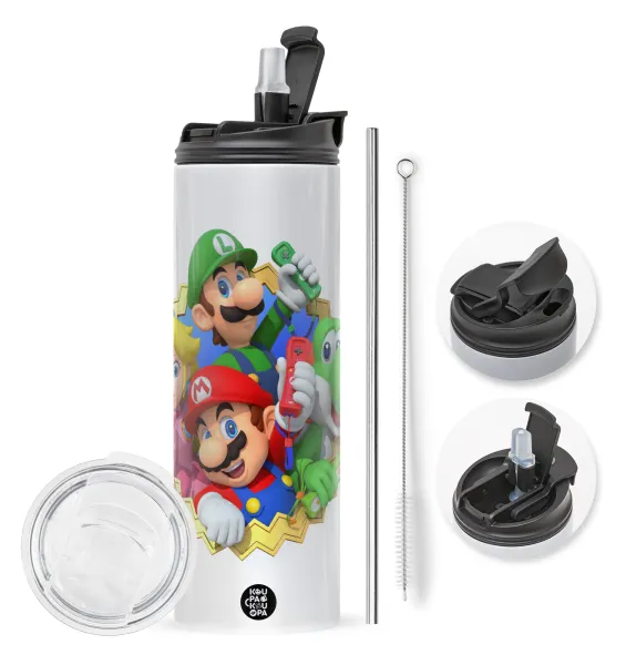 Super mario and Friends — Travel Tumbler 2 Lids, with metal straw & cleaning brush (Stainless steel 304 Food grade, BPA free, 600ml)