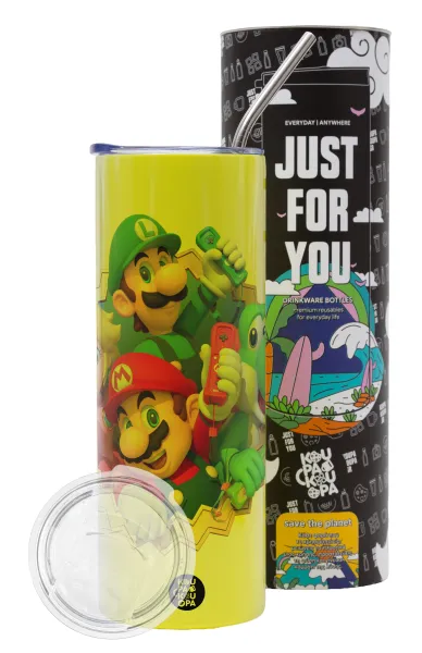 Super mario and Friends — Neon Yellow Travel Tumbler, with metal straw (Stainless steel 304 Food grade, BPA free, 600ml)