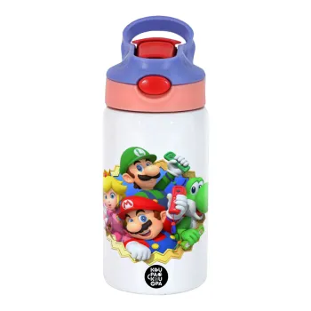 Super mario and Friends, Παιδικό παγούρι θερμό, ανοξείδωτο, με καλαμάκι ασφαλείας, ροζ/μωβ (350ml)