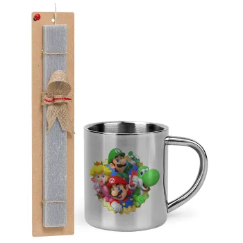 Super mario and Friends, Easter Set, metallic thermal cup (300ml) & Easter aromatic flat candle (30cm) (GRAY)