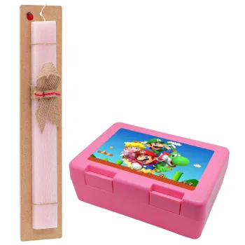 Super mario and Friends, Easter Set, children's snack container PINK & scented flat Easter candle (30cm) (PINK)