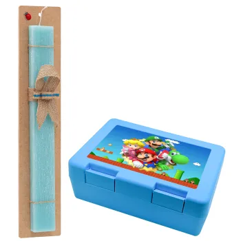 Super mario and Friends, Easter Set, children's snack container BLUE & Easter aromatic flat candle (30cm) (TURQUOISE)