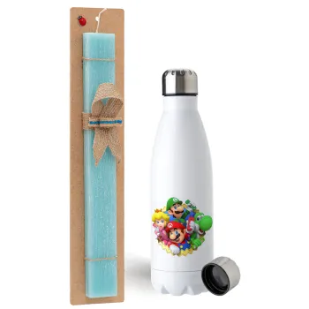 Super mario and Friends, Easter Set, metallic stainless steel water bottle (750ml) & aromatic flat Easter candle (30cm) (TURQUOISE)