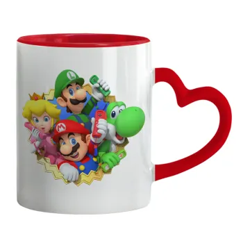 Super mario and Friends, Mug heart red handle, ceramic, 330ml