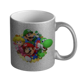 Super mario and Friends, Κούπα Ασημένια Glitter που γυαλίζει, κεραμική, 330ml