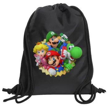 Super mario and Friends, Backpack pouch GYMBAG Black, with pocket (40x48cm) & thick cords
