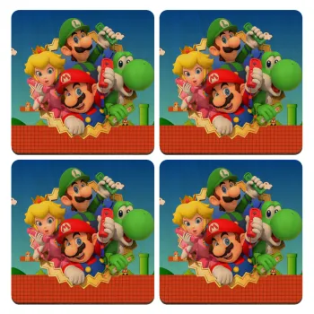 Super mario and Friends, ΣΕΤ x4 Σουβέρ ξύλινα τετράγωνα plywood (9cm)