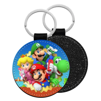 Super mario and Friends, Μπρελόκ Δερματίνη, στρογγυλό ΜΑΥΡΟ (5cm)