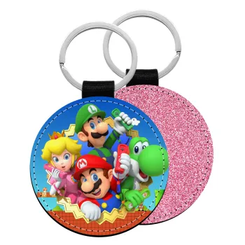 Super mario and Friends, Μπρελόκ Δερματίνη, στρογγυλό ΡΟΖ (5cm)