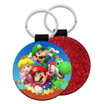 Super mario and Friends, Μπρελόκ Δερματίνη, στρογγυλό ΚΟΚΚΙΝΟ (5cm)
