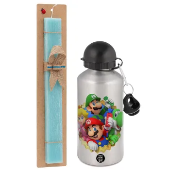Super mario and Friends, Easter Set, metallic silver aluminum water bottle (500ml) & scented flat Easter candle (30cm) (TURQUOISE)