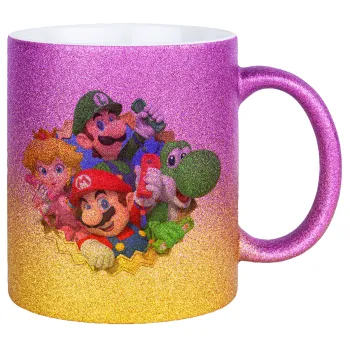 Super mario and Friends, Κούπα Χρυσή/Ροζ Glitter, κεραμική, 330ml
