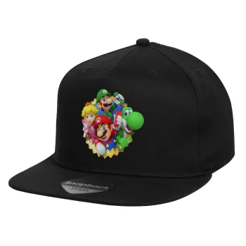 Super mario and Friends, Καπέλο παιδικό Flat Snapback, Μαύρο (100% ΒΑΜΒΑΚΕΡΟ, ΠΑΙΔΙΚΟ, UNISEX, ONE SIZE)