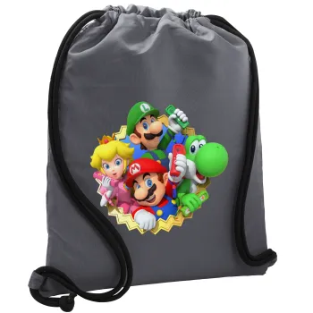 Super mario and Friends, Τσάντα πλάτης πουγκί GYMBAG ΓΚΡΙ, με τσέπη (40x48cm) & χονδρά κορδόνια