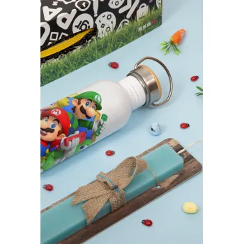 Super mario and Friends, Πασχαλινή Λαμπάδα με παγούρι μεταλλικό Ασημένιο αλουμινίου (500ml) & κερί αρωματικό πλακέ (30cm) (ΤΙΡΚΟΥΑΖ)