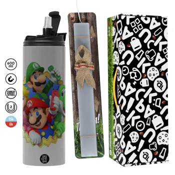 Super mario and Friends, Easter candle with Grey Tumbler Thermo 600ml & aromatic flat candle (30cm) (GREY)