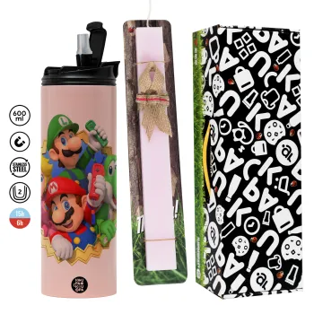 Super mario and Friends, Easter candle,Travel Tumbler 2 Lids, with metal straw & cleaning brush & aromatic flat candle (30cm) (PINK)