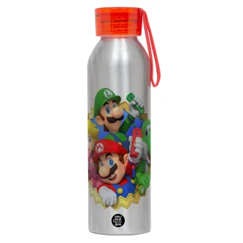 Super mario and Friends, Αλουμινένιο Αθλητικό Μπουκάλι 650ml – Ασημί με Κόκκινο Καπάκι και Λουράκι Σιλικόνης