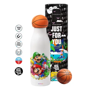Super mario and Friends, Μπάλα μπάσκετ μεταλλικό παγούρι θερμός, διπλού τοιχώματος, 550ml