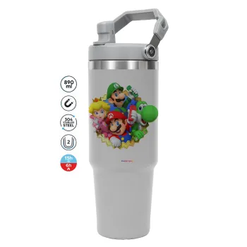 Super mario and Friends, ΓΚΡΙ χρώματος Θερμός Ανοξείδωτο 890ml (30oz) με χερούλι
