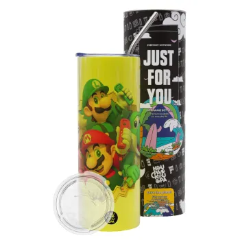Super mario and Friends, Neon Yellow Travel Tumbler θερμό, μεταλλικό καλαμάκι(Ανωξείδωτο 304 Food grade, BPA free, 600ml)