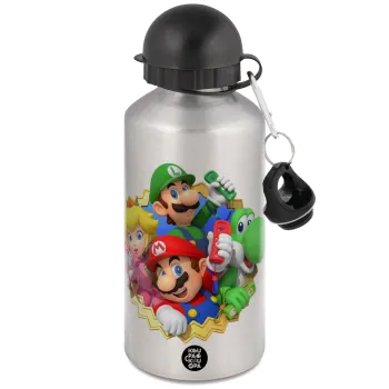 Super mario and Friends, Μεταλλικό παγούρι νερού, Ασημένιο, αλουμινίου 500ml