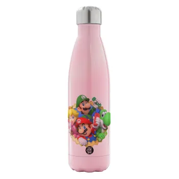 Super mario and Friends, Μεταλλικό παγούρι θερμός Ροζ Ιριδίζον (Stainless steel), διπλού τοιχώματος, 500ml