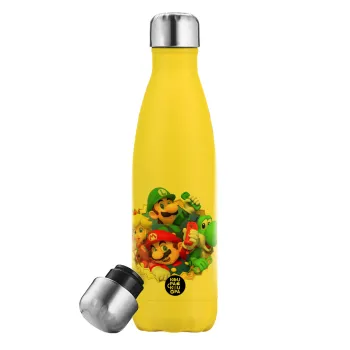 Super mario and Friends, Yellow Stainless Steel Metallic Thermos, double-walled, 500ml