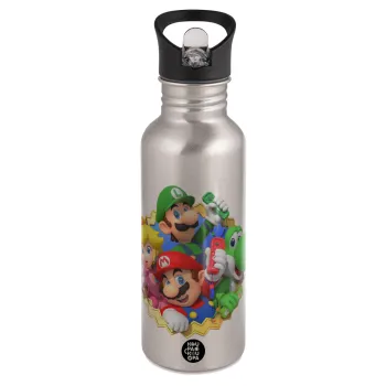 Super mario and Friends, Παγούρι νερού Ασημένιο με καλαμάκι, ανοξείδωτο ατσάλι 600ml