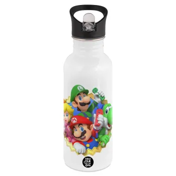 Super mario and Friends, Παγούρι νερού Λευκό με καλαμάκι, ανοξείδωτο ατσάλι 600ml