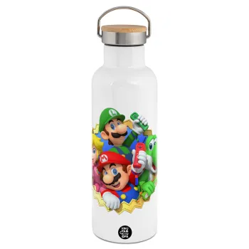 Super mario and Friends, Stainless steel White with wooden lid (bamboo), double wall, 750ml
