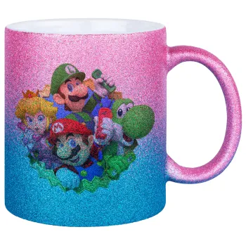 Super mario and Friends, Κούπα Χρυσή/Μπλε Glitter, κεραμική, 330ml