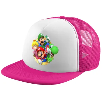 Super mario and Friends, Child's Soft Trucker Hat with Pink/White Mesh (POLYESTER, CHILD, ONE SIZE)