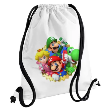 Super mario and Friends, Backpack pouch GYMBAG white, with pocket (40x48cm) & thick cords