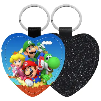 Super mario and Friends, Μπρελόκ PU δερμάτινο glitter καρδιά ΜΑΥΡΟ