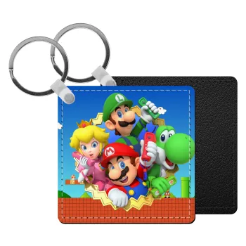 Super mario and Friends, Μπρελόκ Δερματίνη, τετράγωνο ΜΑΥΡΟ (5x5cm)