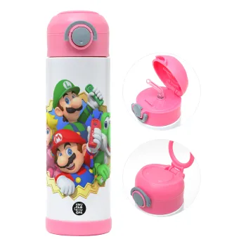 Super mario and Friends, Children's hot water bottle, stainless steel, with safety straw, PINK (500ml)