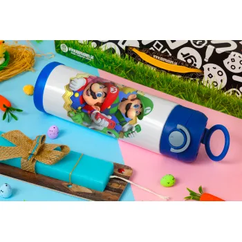 Super mario and Friends, Easter candle, Childrens hot water bottle, stainless steel, with safety straw, BLUE (500ml)