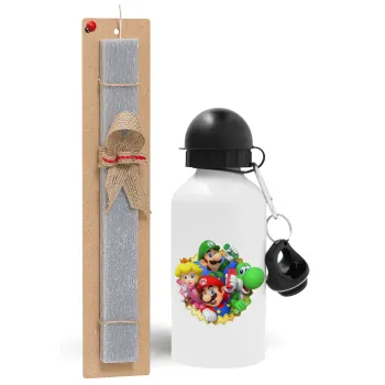 Super mario and Friends, Easter Set, metallic aluminum water bottle (500ml) & aromatic flat Easter candle (30cm) (GRAY)