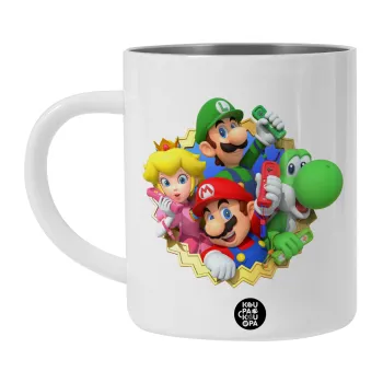 Super mario and Friends, Λευκή Ανοξείδωτη Μεταλλική Κούπα 450ml - Διπλού Τοιχώματος 