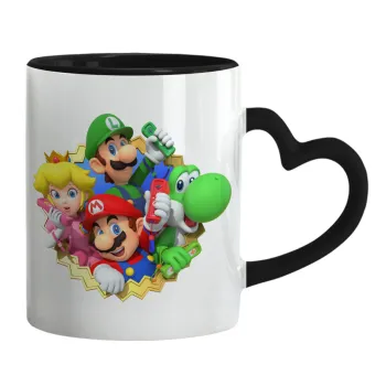 Super mario and Friends, Κούπα καρδιά χερούλι μαύρη, κεραμική, 330ml