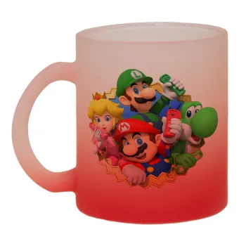 Super mario and Friends, Κούπα γυάλινη δίχρωμη με βάση το κόκκινο ματ, 330ml