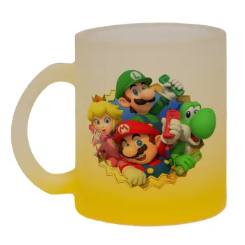 Super mario and Friends, Κούπα γυάλινη δίχρωμη με βάση το κίτρινο ματ, 330ml