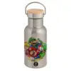Stainless steel metallic thermos flask, silver with a bamboo lid, double-walled, 350ml.