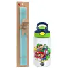 Easter Set, Children's thermal stainless steel bottle with safety straw, green/blue (350ml) & aromatic flat Easter candle (30cm) (TURQUOISE)