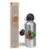 Easter Set, metallic silver aluminum water bottle (500ml) & aromatic flat Easter candle (30cm) (GRAY)