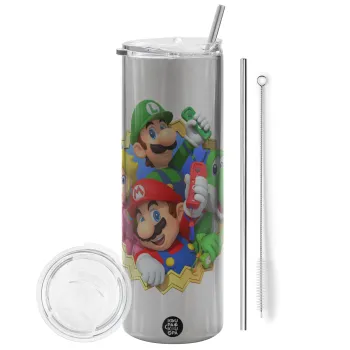 Super mario and Friends, Tumbler stainless steel Silver 600ml, with metal straw & cleaning brush