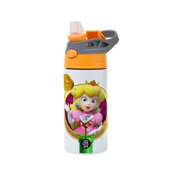 Princess Peach Toadstool, Παιδικό παγούρι θερμό, ανοξείδωτο, με καλαμάκι ασφαλείας, Πορτοκαλί/Γκρι (360ml) BPA-FREE